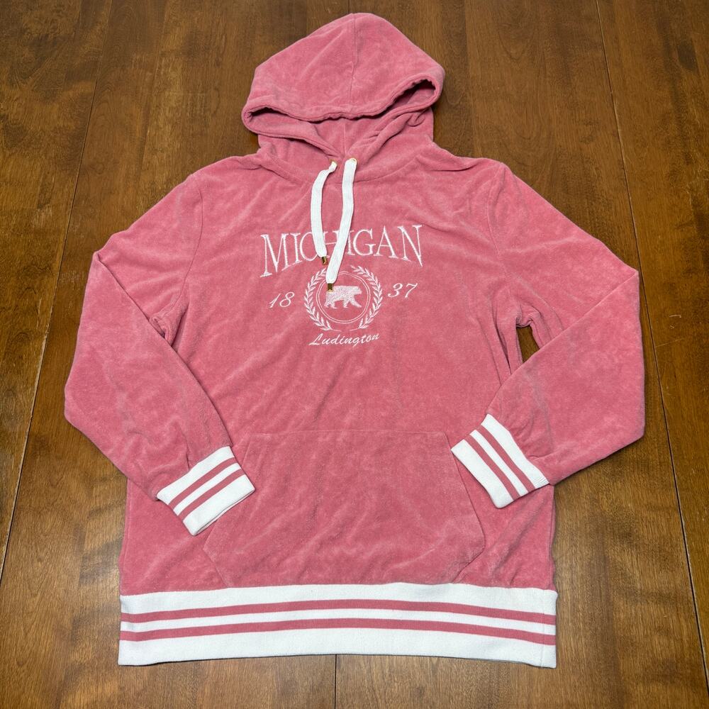 Northern Souvenirs Michigan Ludington Pink Velour Hoodie Women's Large